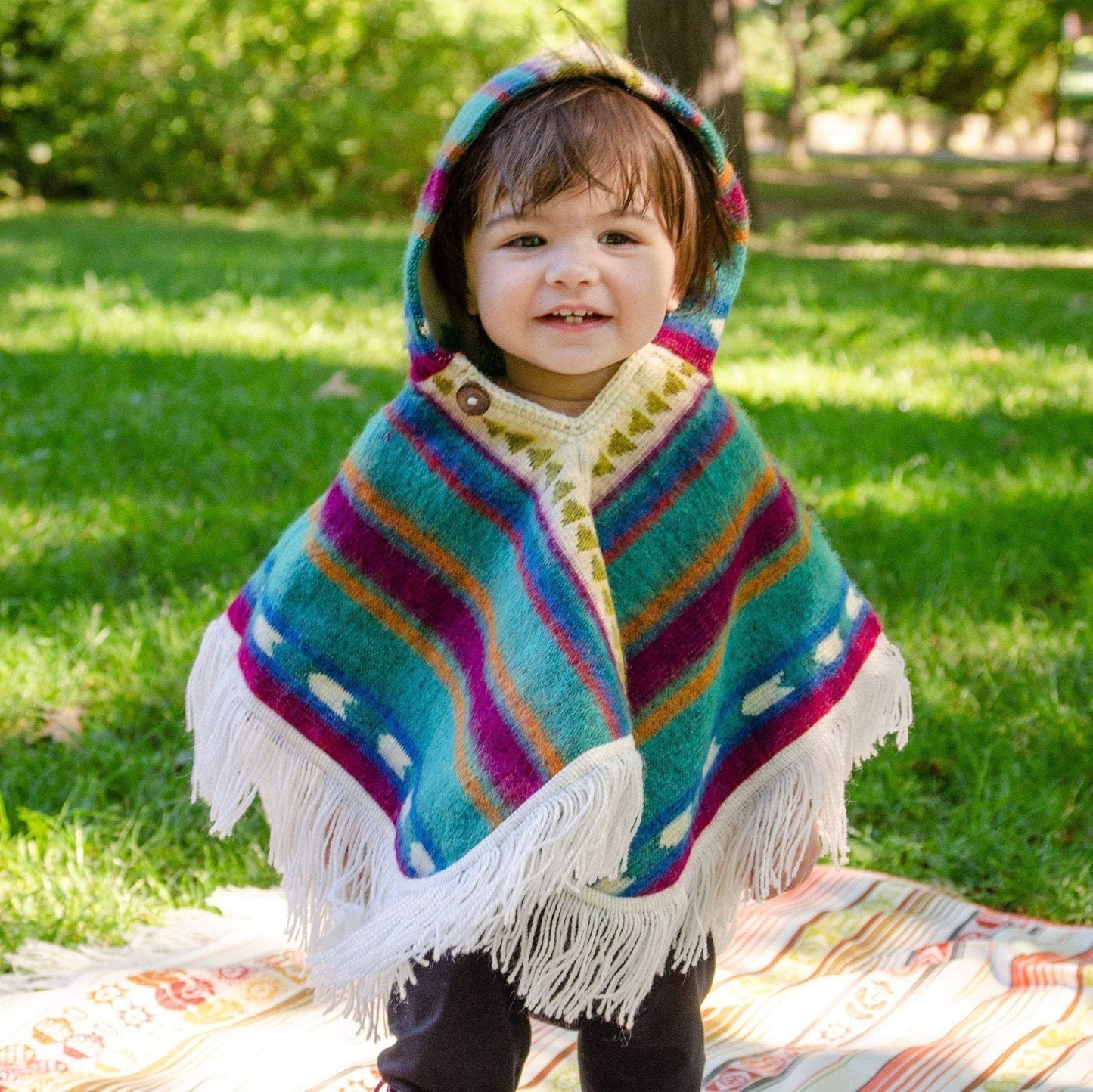 Alpaca Baby Poncho - Art Andina - Alpaca Wool Knitted Poncho for Kids, Boho Hooded Toddler Cape with Fringe, Handmade Woven Ethnic Print Wrap, Children’s Fall Clothing Gift