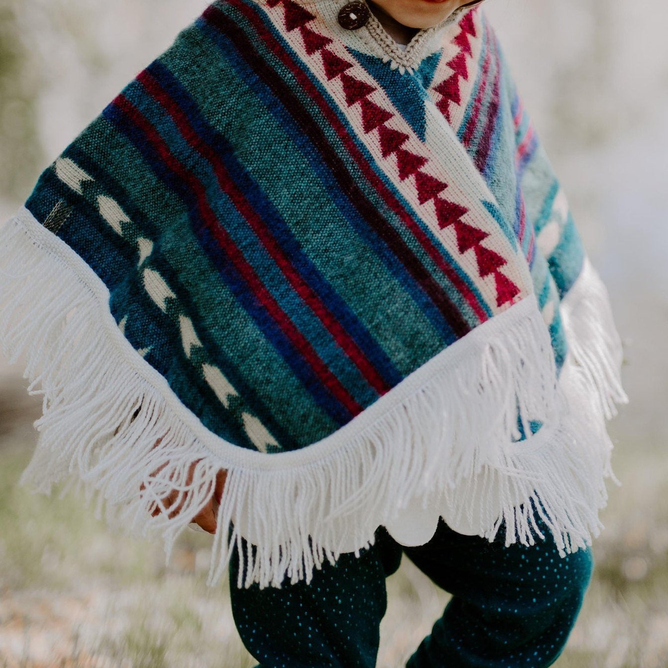 Alpaca Baby Poncho - Art Andina - Alpaca Wool Knitted Poncho for Kids, Boho Hooded Toddler Cape with Fringe, Handmade Woven Ethnic Print Wrap, Children’s Fall Clothing Gift