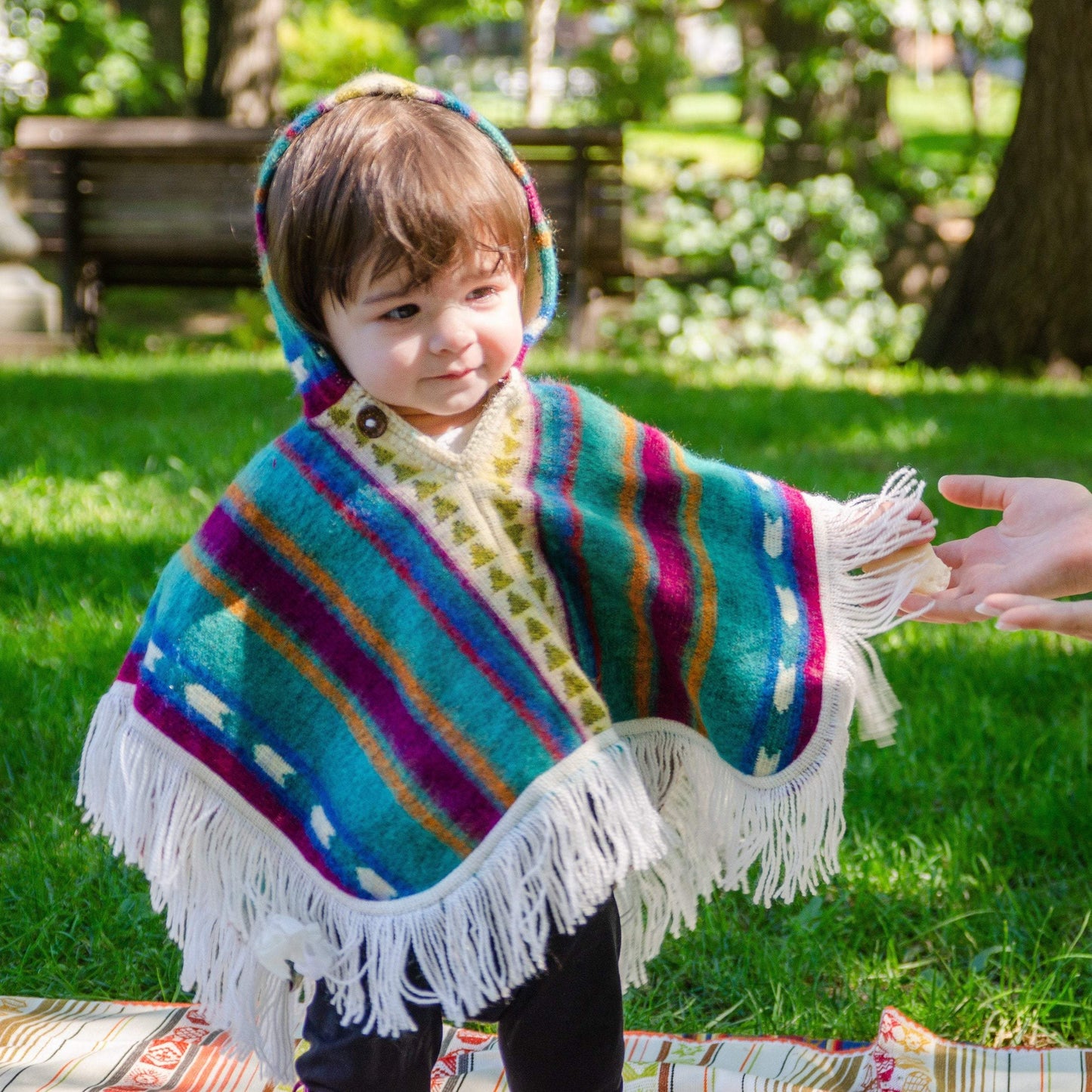 Alpaca Baby Poncho - Art Andina - Alpaca Wool Knitted Poncho for Kids, Boho Hooded Toddler Cape with Fringe, Handmade Woven Ethnic Print Wrap, Children’s Fall Clothing Gift