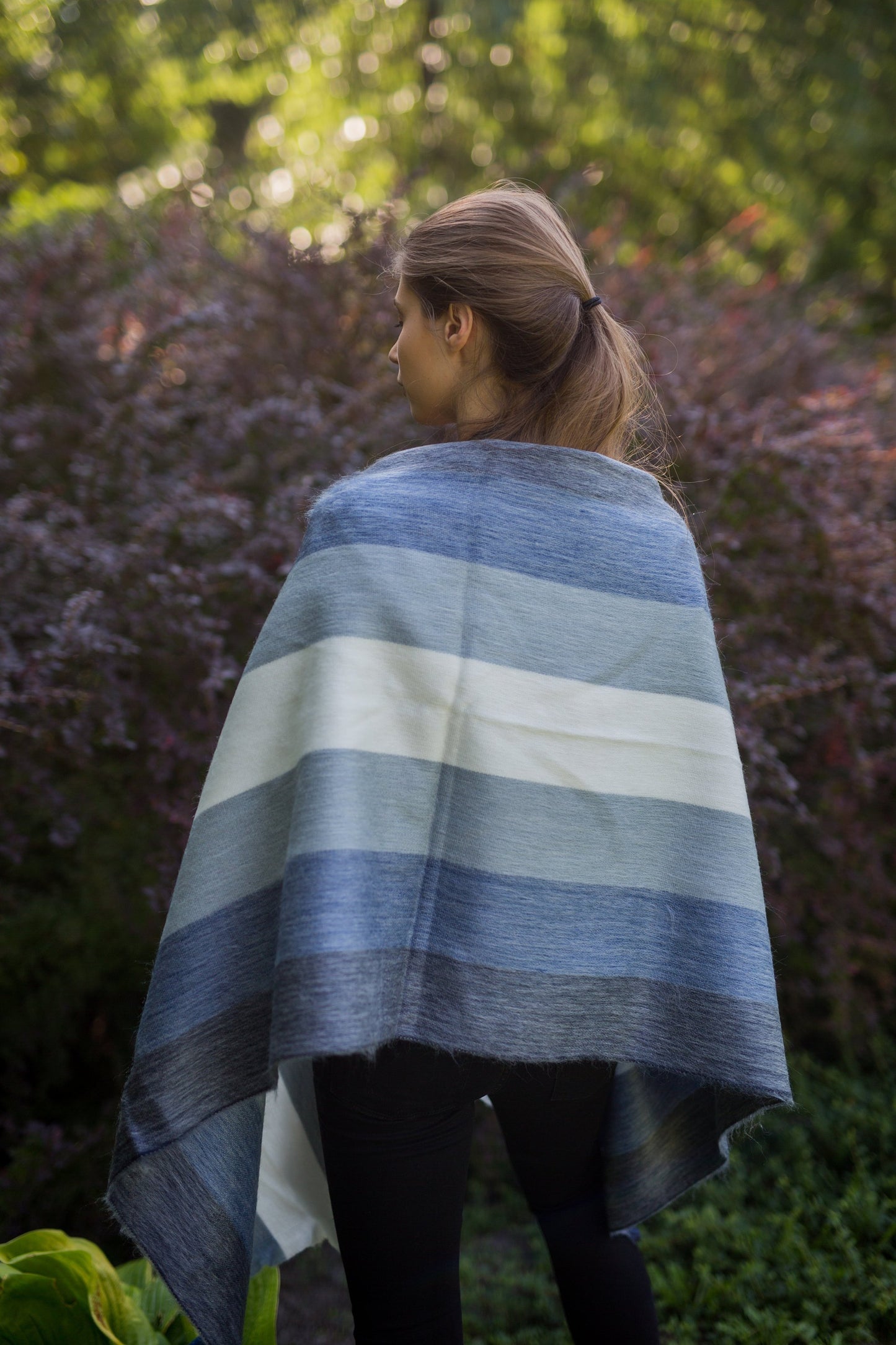 Alpaca Shawl - Blue ombre stripes - Art Andina - Alpaca Shawl, Alpaca scarf blue stripes - alpaca wrap wedding - chic oversized scarf - Hygge scarf - blue and cream alpaca shawl, pashmina