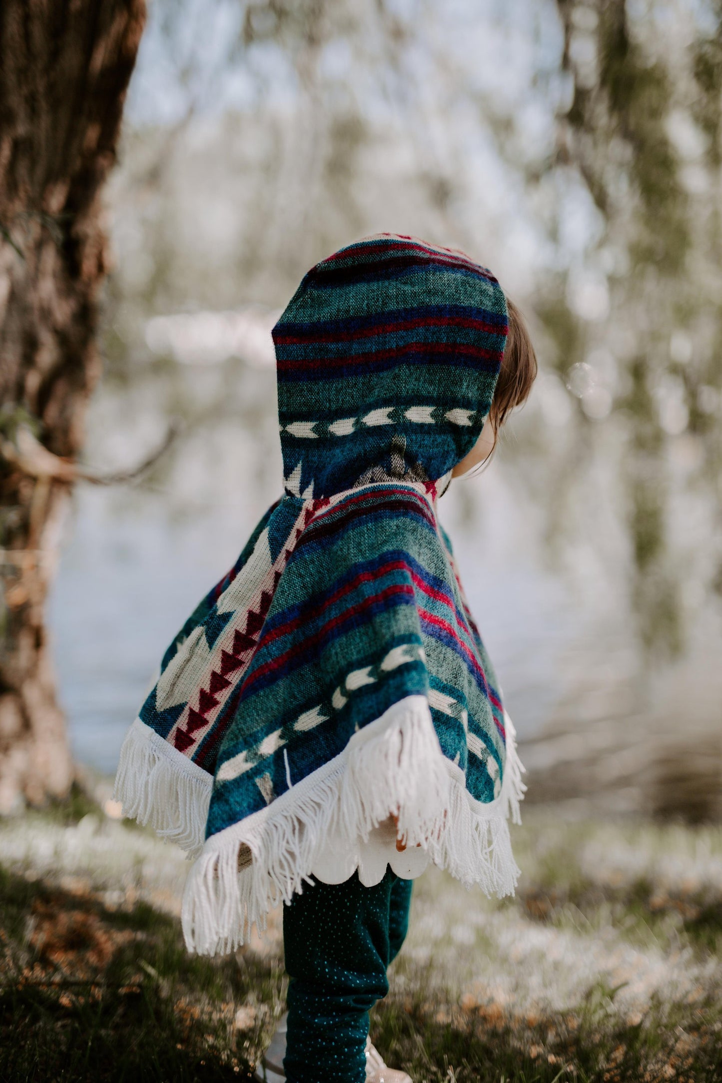 Alpaca Baby Poncho - Art Andina - Alpaca Wool Knitted Poncho for Kids, Boho Hooded Toddler Cape with Fringe, Handmade Woven Ethnic Print Wrap, Children’s Fall Clothing Gift