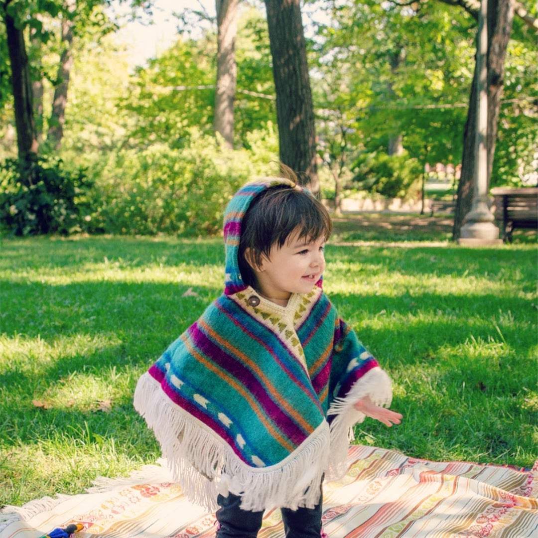 Alpaca Baby Poncho - Art Andina - Alpaca Wool Knitted Poncho for Kids, Boho Hooded Toddler Cape with Fringe, Handmade Woven Ethnic Print Wrap, Children’s Fall Clothing Gift