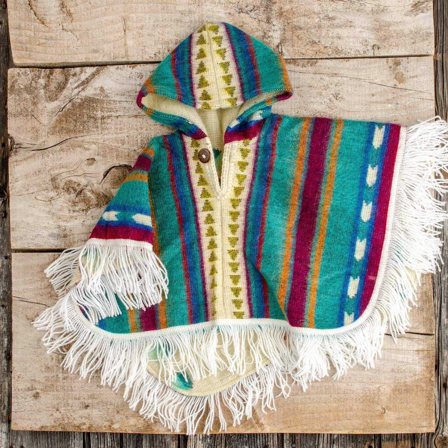 Alpaca Baby Poncho - Art Andina - Alpaca Wool Knitted Poncho for Kids, Boho Hooded Toddler Cape with Fringe, Handmade Woven Ethnic Print Wrap, Children’s Fall Clothing Gift