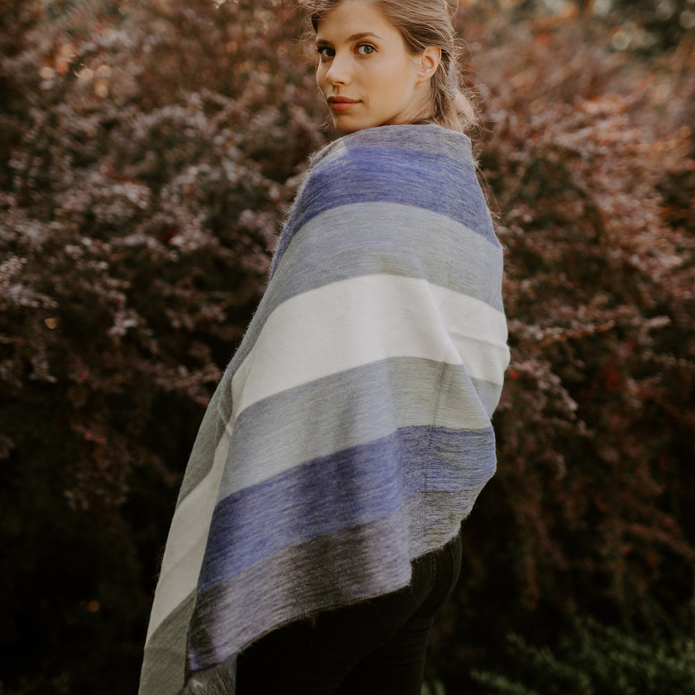 
                  
                    Alpaca Shawl - Blue ombre stripes - Art Andina - Alpaca Shawl, Alpaca scarf blue stripes - alpaca wrap wedding - chic oversized scarf - Hygge scarf - blue and cream alpaca shawl, pashmina
                  
                