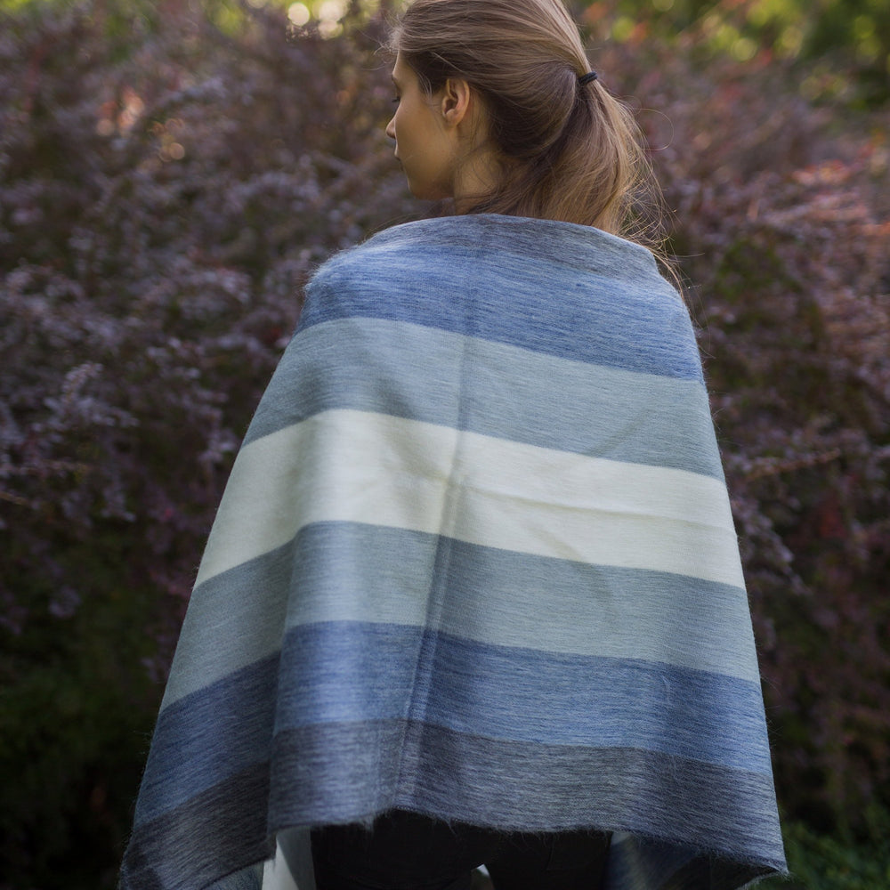 
                  
                    Alpaca Shawl - Blue ombre stripes - Art Andina - Alpaca Shawl, Alpaca scarf blue stripes - alpaca wrap wedding - chic oversized scarf - Hygge scarf - blue and cream alpaca shawl, pashmina
                  
                