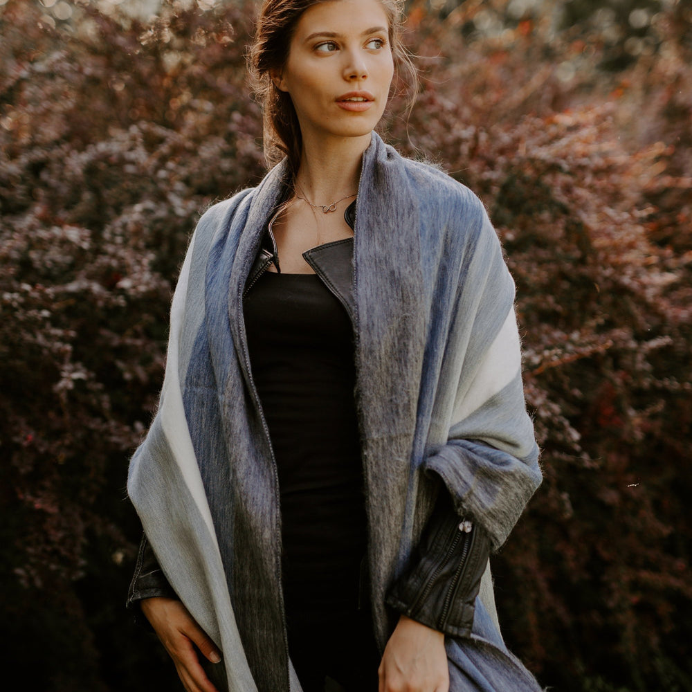 
                  
                    Alpaca Shawl - Blue ombre stripes - Art Andina - Alpaca Shawl, Alpaca scarf blue stripes - alpaca wrap wedding - chic oversized scarf - Hygge scarf - blue and cream alpaca shawl, pashmina
                  
                